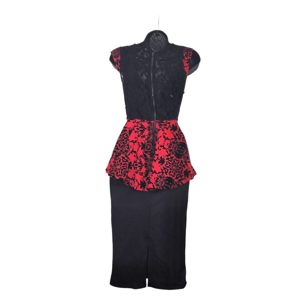Red black floral embroidered lace back peplum fitted dress size small brand new - Picture 6 of 16